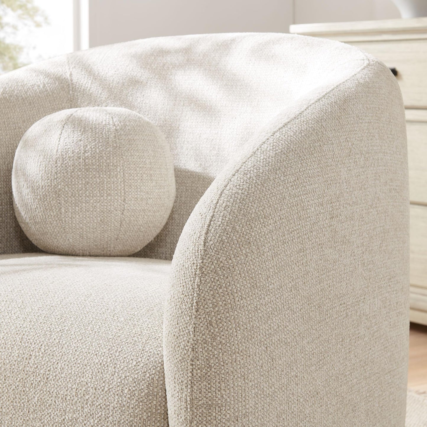 Modway Holland Curved Swivel Armchair in Dove Gray – Chenille Fabric Barrel Chair with Ball Throw Pillow and Wood Base – Mid-Century Modern Curved Living Room Accent Chair