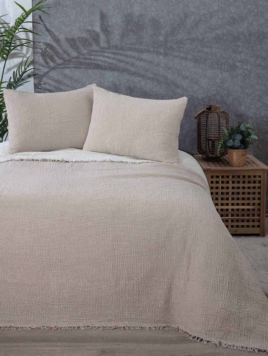 DEKADRON 100% Cotton Muslin Throw Blanket, 4 Layers Bedspread, Soft Turkish Cotton Muslin Bed Cover, Reversible Coverlet, Mink (Full/Queen Size 91x95-230x240cm)