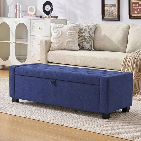 Huatean Home 48" Ottoman with Storage, Storage Ottoman Bench with Safety Hinge, Upholstered Entryway Bench with Seating for Bedroom, Living Room, Holds up to 330 lb, Blue