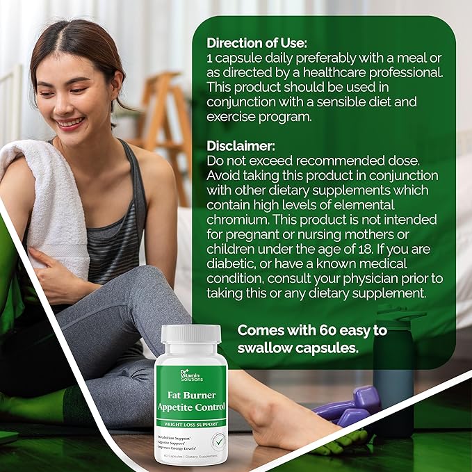 DR VITAMIN SOLUTIONS Fat Burner & Appetite Control Weight Loss Supplements for Women & Men - Metabolism Booster w/L-Carnitine, CLA, Chromium - Appetite Suppressant for Weight Loss - 60 Capsules