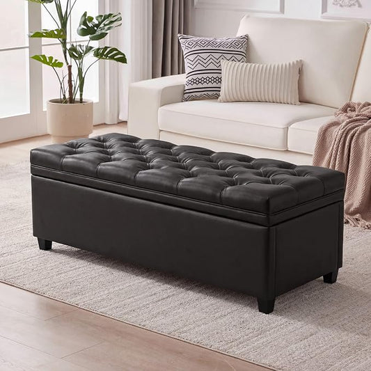 Mangodan 43" Storage Ottoman Bench, Tufted Ottoman with Storage for Living Room, Large End of Bed Ottomans, Modern Entryway Benchs, Window & Bedroom Benches for Foot of Bed (Faux Leather Black)