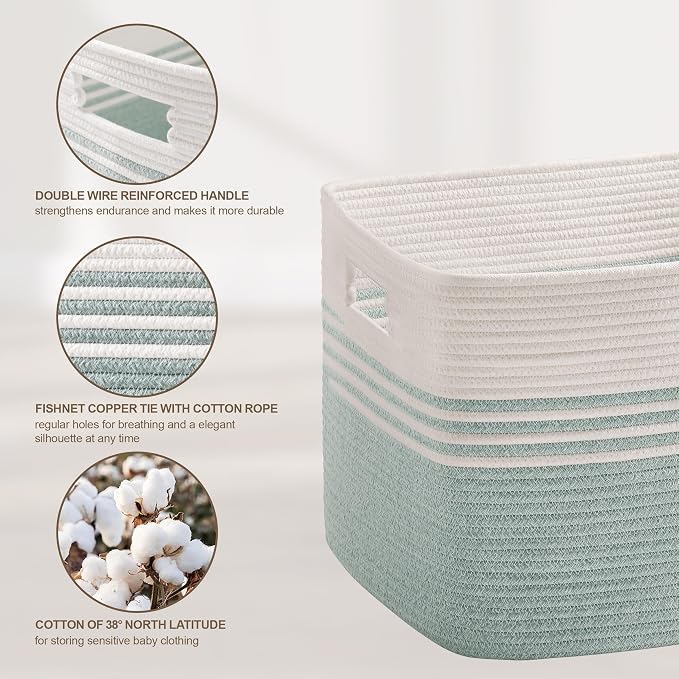 45L Small Laundry Basket for Living Room Storage, Woven Rope Baskets Bin for Blanket, Kids Toy, Gifts, Wicker Hamper for Bedroom Dirty Clothes, 18"x14"x11" White Green