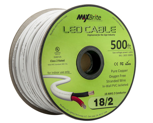 500 ft. 18AWG Low Voltage LED Cable 2 Conductor White Sleeve in-Wall Speaker Wire UL Listed Class 2 Certified