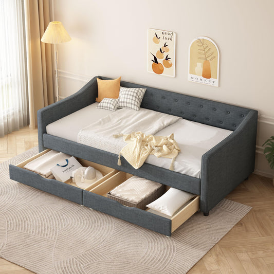 Ball & Cast Twin Size Daybed with Storage Drawers,Linen Upholstered Day Bed Frame with Button Tufted Back and Waved Shape Arms for Bedroom,Guest Room,No Box Spring Needed,Dark Grey