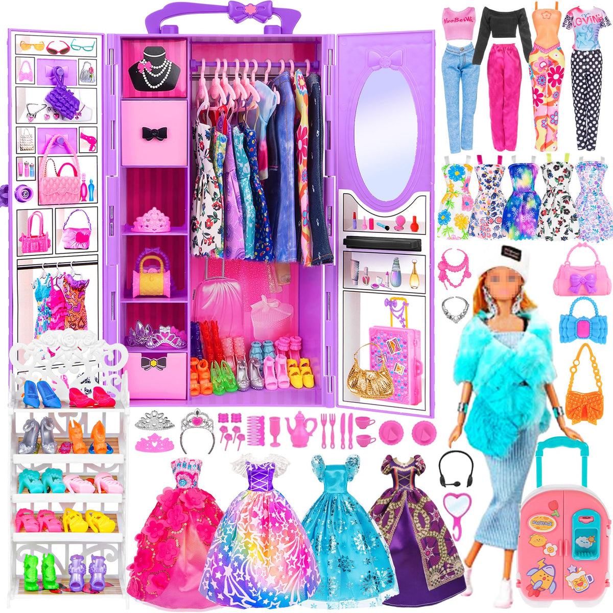 ebuddy 11.5 inch Doll Closet Playset with 106 pcs Clothes and Accessories for Girls 6-12 Including one Doll, Closet, Stylish Blue Set, Luggage, Shoe Rack, Wedding Gowns