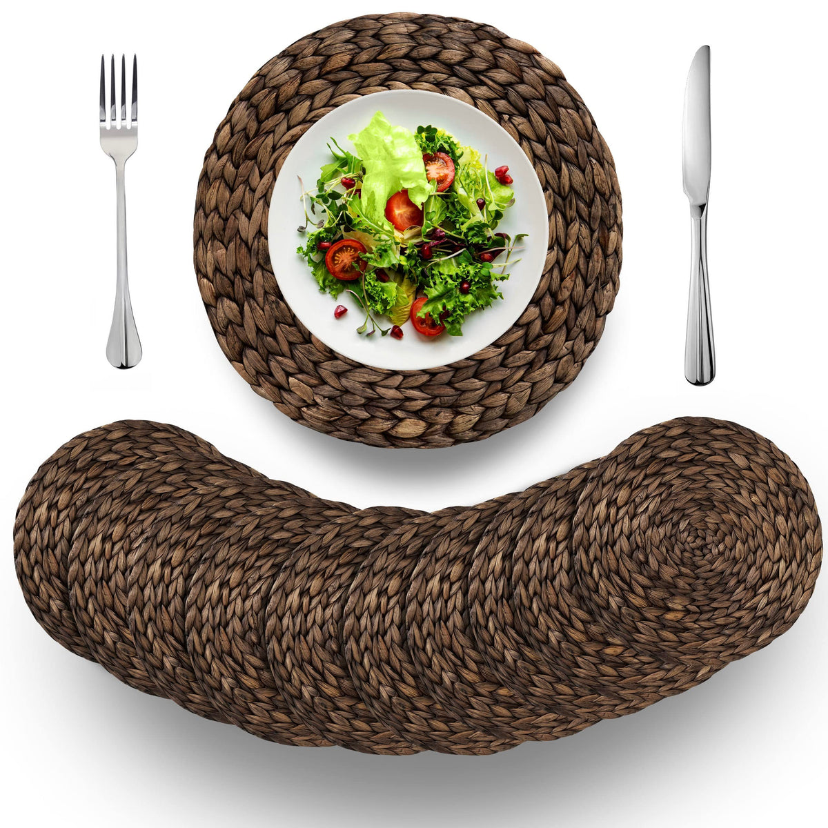 (4 Sizes: 12"-13"-14"-15") BARIEN Rustic Woven Placemats Round Set of 6, Natural Water Hyacinth Weave Placemat for Dining Table, Large Handmade Woven Placemats Heat Resistant Non-Slip (13" - Set 6)