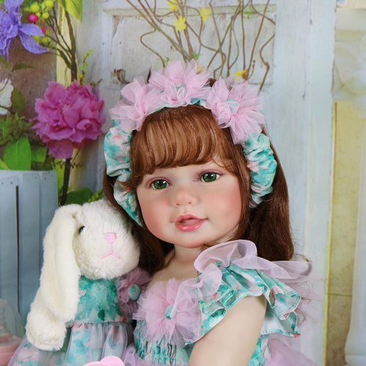WAWA-HAOKEAI Garden Party – 22 Inch Realistic Reborn Toddler Girl Doll with Hand-Rooted Red Hair & Green Eyes, Poseable Full Vinyl Body, Bunny Plush Gift Set – Ages 3+