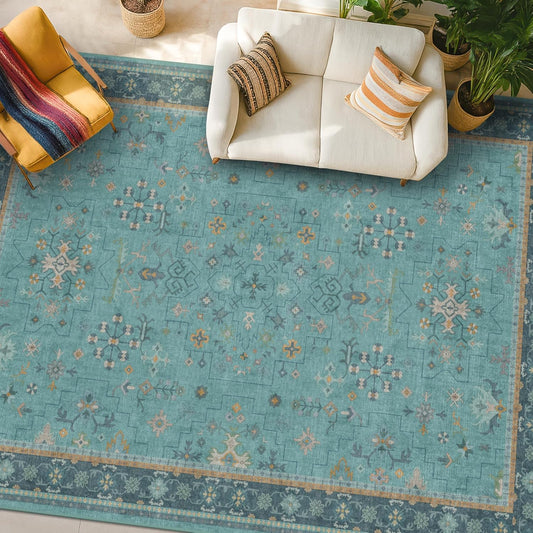 Skiennix Boho Teal 7x9 Soft Rug - Washable Turquoise Vintage Carpet for Living Room & Bedroom