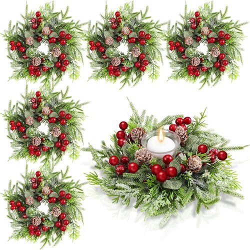 Lyrow Christmas Candle Rings - 6 Pcs Mini Wreaths with Artificial Berries & Snowy Pine | Festive Home Decor