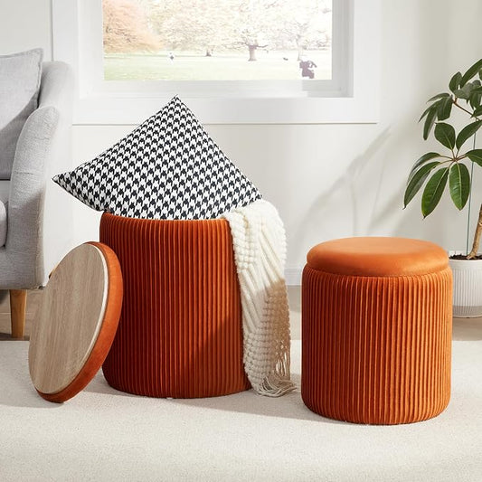 Royal Windsor Round Ottoman with Storage Set of 2,Vanity Stool with Storage for Bedroom, Ottoman Coffee Table,Small Velvet Foot Stool for Living Room, Orange
