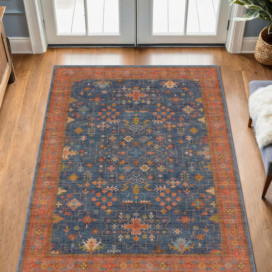 Skiennix Large 3x5 Kitchen Rug - Non-Slip, Machine Washable, Stain Resistant | Tribal Farmhouse Décor (Navy Blue)