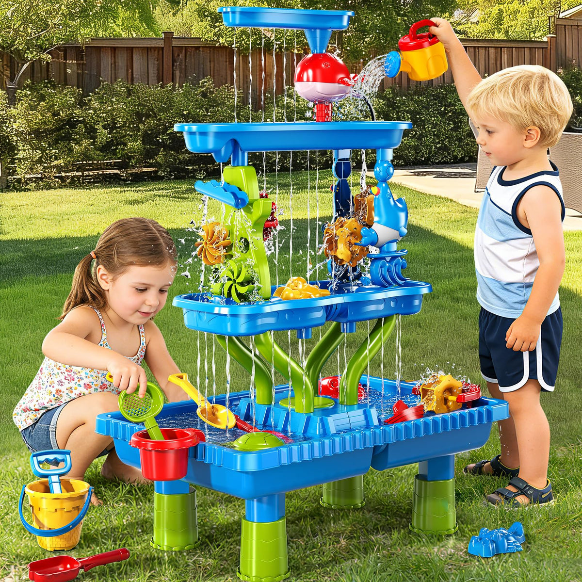 Sand Water Table, 4-Tier Rectangular Sand and Water Table for Toddlers 1.5+, Outdoor Splash and Play Activity Set for Boys and Girls Ages 2 3 4 5 6 7 8 Years, Indoor Outdoor Water Play Sensory Toys