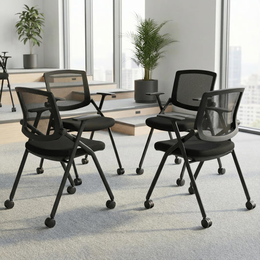 BROBRIYO, 4 Pack Stackable Conference Room Chairs with Wheels and Paddle, Ergonomic Mesh Back and Arms for Meeting, Conference, Reception, Training Room & Home Office Desk Folding Chairs (2 Boxes)
