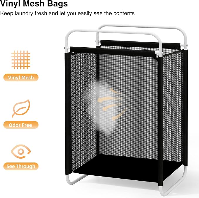 STO STO Laundry Hamper, 75L Laundry Basket with Vinyl Mesh Bag, Lightweight Portable Dirty Clothes Hamper, Laundry Bin with Metal Frame for Laundry Room, Bedroom, Closet and Dorm, Black Mesh
