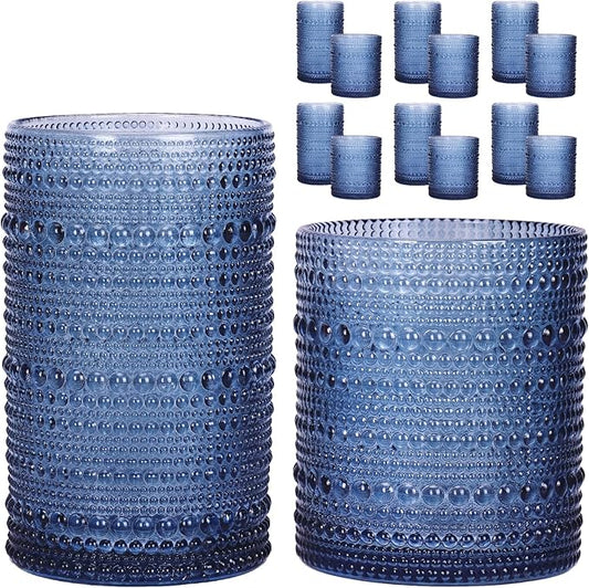 Moretoes Hobnail Drinking Glasses, 12 Piece Blue Water Glass Cups, Mixed Vintage Glassware Set, 6pcs 12oz Highballs and 6pcs 10oz Old Fashioned Glasses, Great for Cocktail, Whisky and Other Beverages