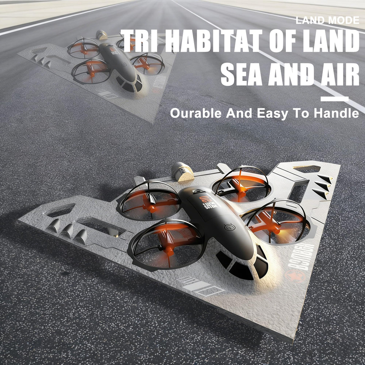 Virellia 3-in-1 RC Drone for Land Sea Air, H20 Remote Control Bomber RC Airplane with Cool Lights, 360° Flip, 3 Driving Mode and Collision Protection, Foam RC Drone Toy Gift for Boy Girl, Silver