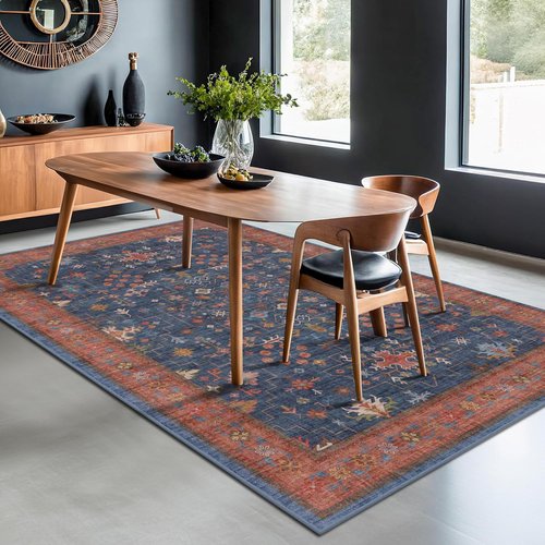 Hazo Haus Area Rug - 7x9 Washable Dining Room Rug | Low Pile Non-Slip Design in Navy Blue Vintage Boho