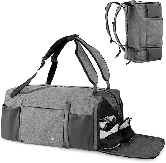 Small Gym Bag for Men with Shoes Compartment and Wet Pocket Convertible Duffle Bag and Gym Backpack Waterproof Sports Bag with 2 Bottle Holders Weekender Overnight Bag - Grey