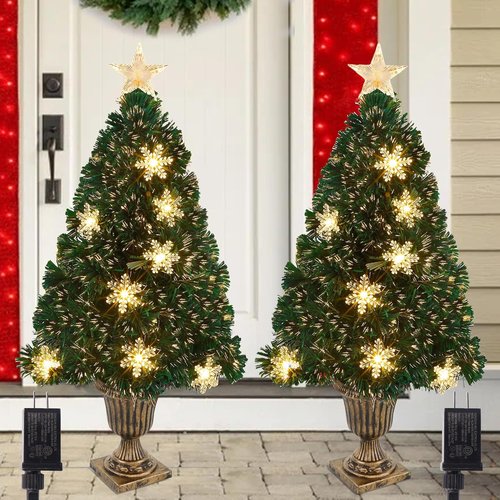 Juegoal Pre-Lit Artificial Christmas Trees - 3 FT Lighted Green Fiber Optic Entrance Trees with Gold Urn Base | 8 Lighting Modes, 110 Branch Tips for Festive Holiday Decor