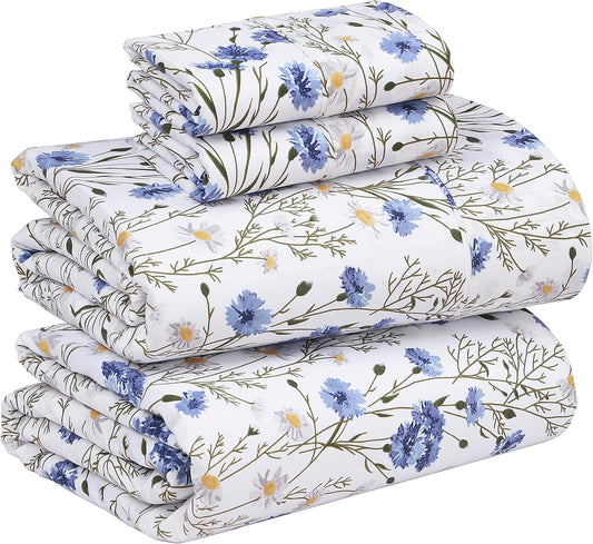 RUVANTI King Size Cotton Sheets - 100% Percale Bedding, Cooling Floral Design, 16" Deep Pocket, 4-Piece Set