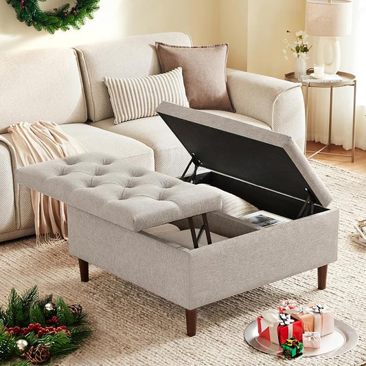 Weture 35 Inch Extra Large Storage Ottoman Coffee Table, No Assembly Required, Oversized Square Ottoman with Storage, Tufted Upholstered Ottomans Coffee Table for Living Room (Fabric, Light Grey)