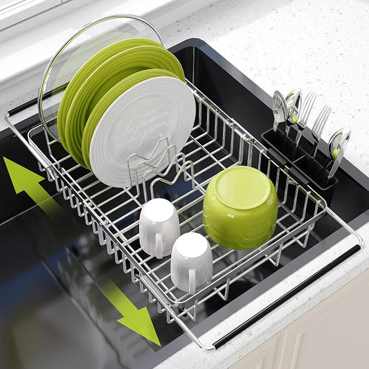 JASIWAY Expandable Stainless Steel Dish Drying Rack Over The Sink For Small Kitchen, Counter Space Saving Compact Plate Drainer Strainer, Adjustable Hanging Metal Dish Dryer Holder with Utensil Holder