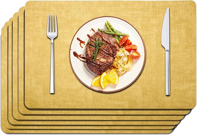 Maxpearl Faux Leather Placemats Set of 6 - Waterproof - Wipe Clean - Heat Resistant - Anti Slip Dining Table Place Mats, Suitable for Indoor & Outdoor Use, 17ââÃ12ââ, Yellow