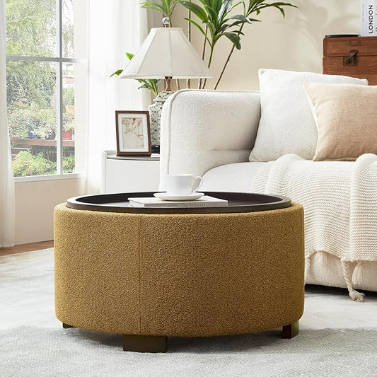 Zihanhome 30 Inch Round Storage Ottoman, Ottoman Coffee Table with Lift Off Lid, Boucle Modern Ottomans with Storage for Living Room, Bedroom, Apartments (Yellow)