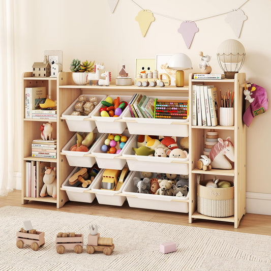 GITAWUSA Toy Storage Organizer, Kids Bookshelf with 6 Shelves, 9 Toy Bins & 6 Hooks | Toy Shelf, Storage Bin Unit, Toy Organization for Playroom, Nursery, Bedroom, Toddler Room | Wood & White