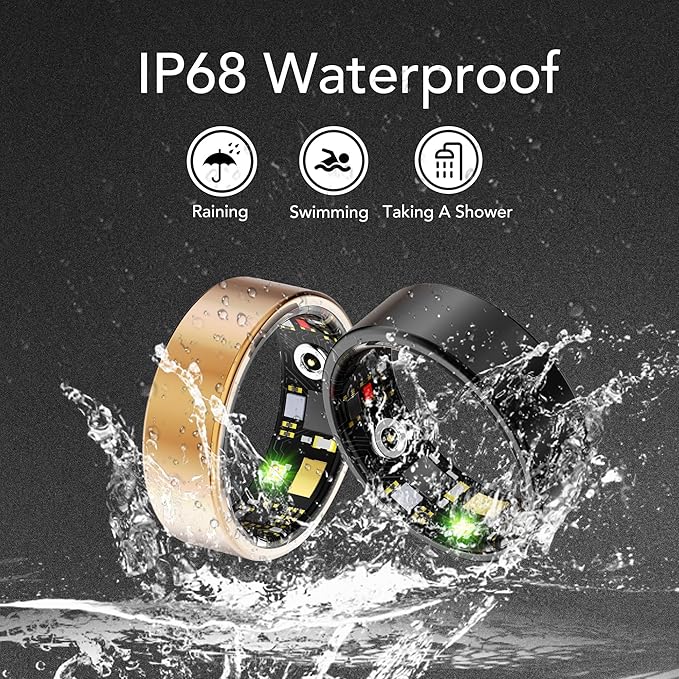 Smart Health Ring for Women Men Fitness Tracker with Heart Rate, Blood Oxygen, Blood Pressure, Sleep Monitoring, Step Counting, IP68 Waterproof for iPhone and Android, No APP Fee, Gold 13#