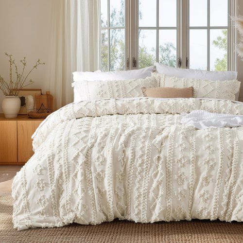 Bedsure Boho Duvet Cover King Size, Soft & Comfortable Elegant Design Boho Bedding for Decoration, Machine Washable Comforter Cover for All Seasons,Includes 1 Duvet Cover & 2 Pillow Shams,Beige