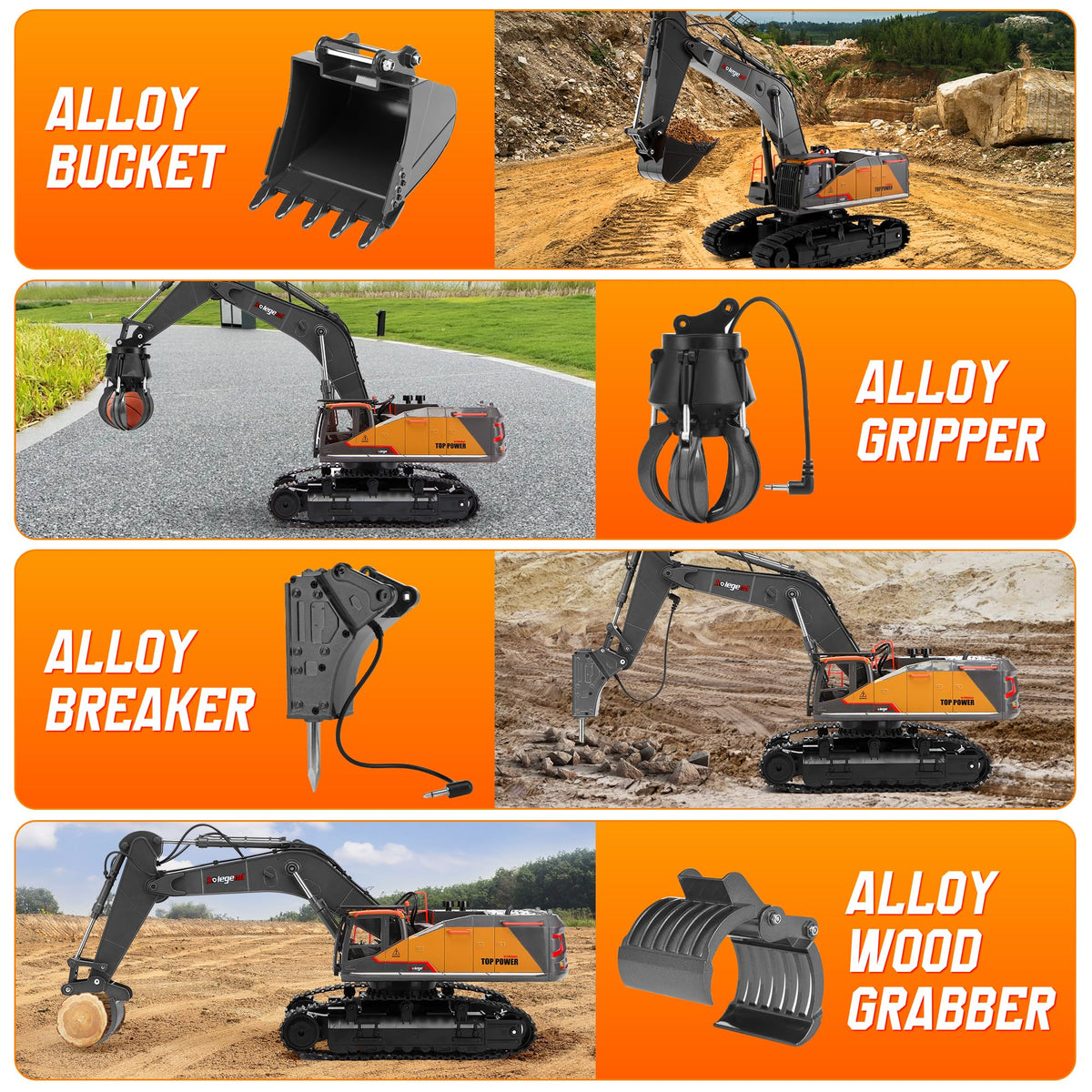 kolegend 1:14 RC Excavator 25 Channel 4 in 1 Construction Toys,Remote Control Vehicles Tractor Sandbox Toys Digger,with Metal Bucket,Drill Bit,Gripper & Wood Gripper RC Truck