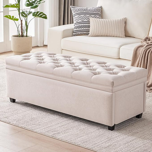 Mangodan 50" Storage Ottoman Bench, Tufted Ottoman with Storage for Living Room, Large End of Bed Ottomans, Modern Entryway Benchs, Window & Bedroom Benches for Foot of Bed (Beige)