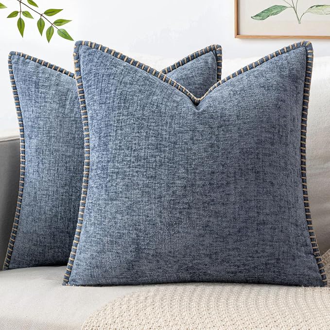 MIULEE Pack of 2 Couch Throw Pillow Covers 20x20 Inch Dark Grey Blue Farmhouse Decorative Pillow Covers with Stitched Edge Soft Chenille Solid Dyed Pillow Covers for Sofa Bed Living Room