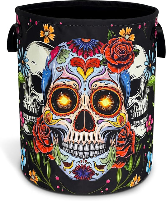 Sugar Skull Laundry Basket Skeleton Print Oxford Cloth Laundry Hamper With Handle Foldable Portable Clothes Storage Basket 18.9 X 16.5 In Storage Bag For Laundry Room/Bathroom/Bedroom/Dormitories