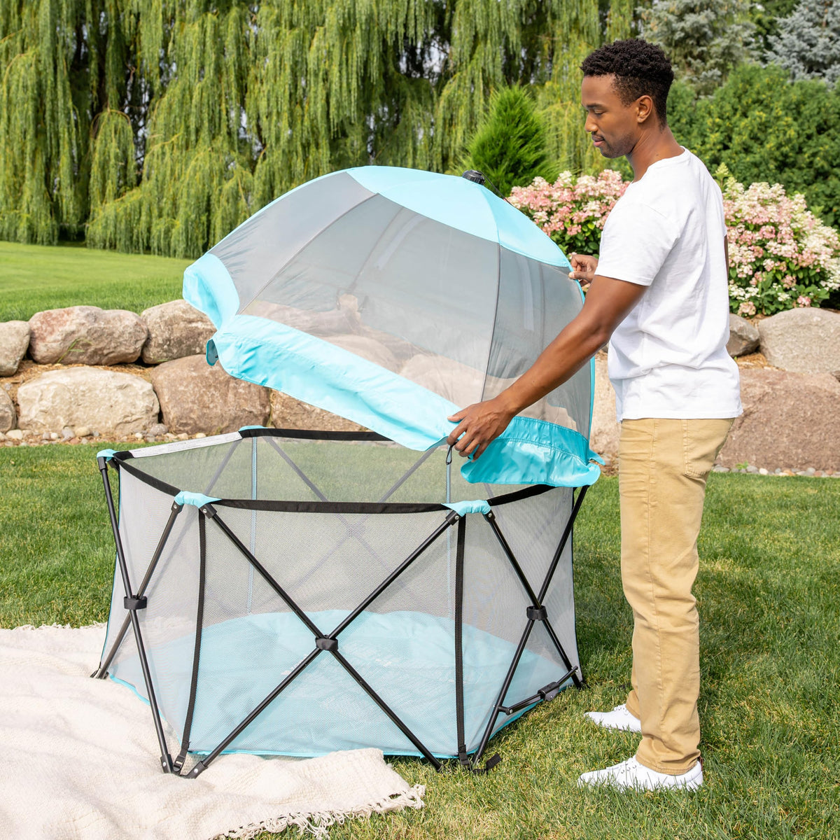 Regalo Safety My Play Deluxe Baby Playpen & Portable Play Yard with Canopy, Foldable 6-Panel Indoor Outdoor Playpen for Babies & Toddlers, Mesh Sides, Washable Nylon Bottom, 48", Aqua/Black
