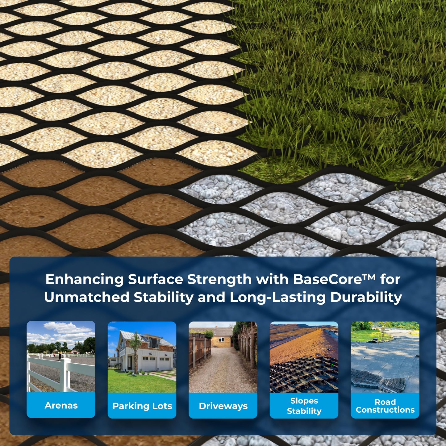 BaseCore Standard 2" Geocell Ground Grid | 9x18 ft Commercial Grade Gravel Grid for Driveway, Parking, Slope | Heavy Duty Stabilizer Landscaping, Pathway & Erosion Control - 1 Panel 162 sq ft