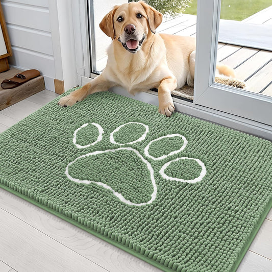 OLANLY Dog Door Mat - Absorbent Muddy Paws Doormat | Non-Slip Chenille, 36x24, Olive Green & White
