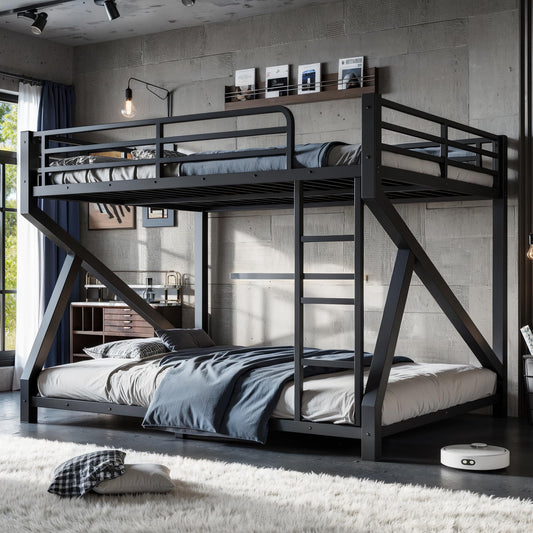 Bellemave Queen Over Queen Bunk Bed Frame with Noise Reduced Design, Low Profile Bunk Bed with Soft Ladder Rung Cover and Fence, Heavy Buty Bunk Beds for Adults, Teens