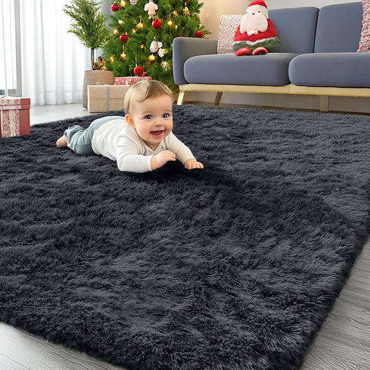 OLANLY Area Rugs - Soft Fluffy Shaggy Indoor Carpet for Living Room & Bedroom | 4x11 ft, Black