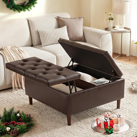 Weture 35 Inch Extra Large Storage Ottoman Coffee Table, No Assembly Required, Oversized Square Ottoman with Storage, Tufted Upholstered Ottomans Coffee Table for Living Room (Leather, Brown)
