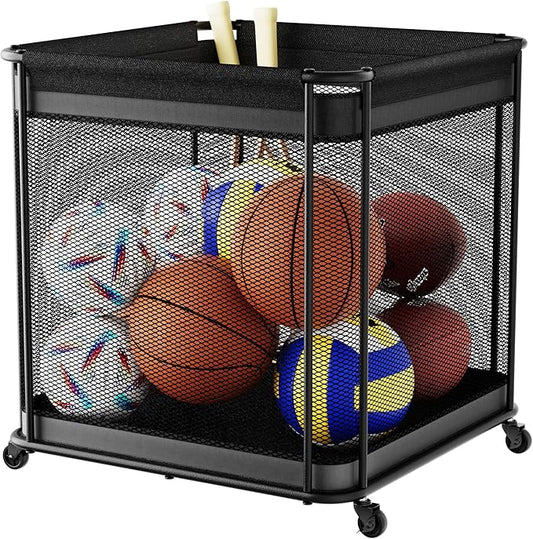 VOPEAK Oversized Rolling Ball Storage Cart with Lockable Wheels, Ball Storage Organizer with Mesh Basket, Sports Ball Rack for Indoor Outdoor, Metal Sports Equipment Organizer for Garage Gym School