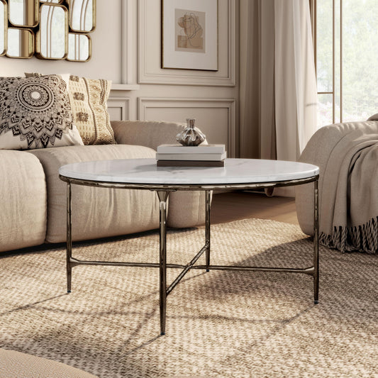 24/7 Shop at Home Aureum Modern 35-inch Round Marble Top Coffee Table with X-Brace, Hammered Dark Bronze Metal Frame for Living Room, Office, White