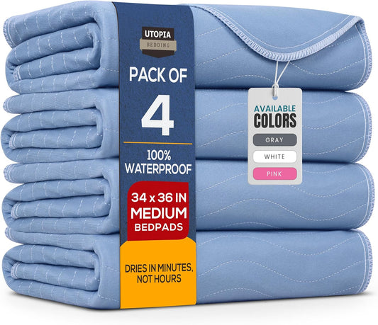 Utopia Bedding Washable Underpads - Waterproof Heavy Absorbency Bed Pads | 34" x 36" (Pack of 4) - Ideal for Adults, Kids, and Pets