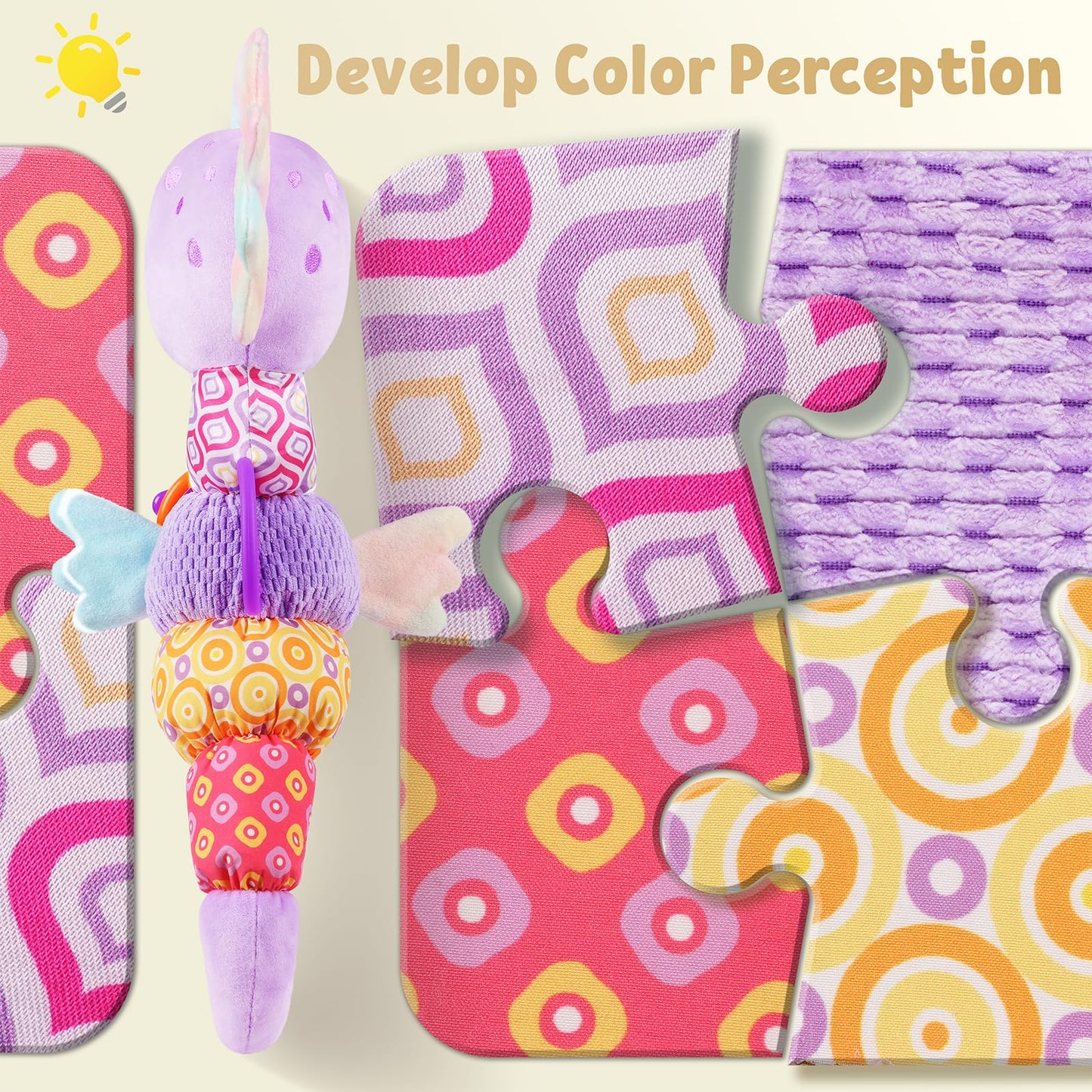 LIGHTDESIRE Baby Toys Musical Seahorse Stuffed Animals Infant Toys 0-6-12 Months with Mirror|Rattles|Crinkle|Baby Teething Toys,Sensory Toys for Tummy Time Newborn Boys Girls Gifts(Lavender Purple)