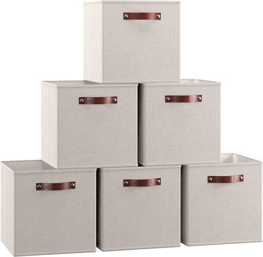 Ornavo Home Storage Cube Bins - Foldable Fabric Organizers with Leather Handles | 11x11 Inches, Beige, 6 Pack