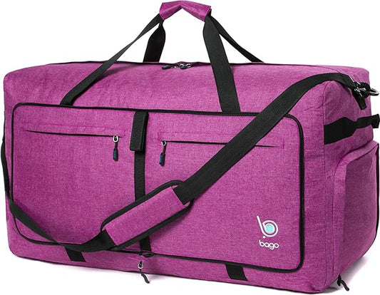 Bago Large Foldable Duffel Bags for Traveling Women & Men - 120L Packable Duffle Bag for Travel with Shoe Compartment - Water Repellant, Heavy Duty, Lightweight Folding & Collapsible (SnowPink)