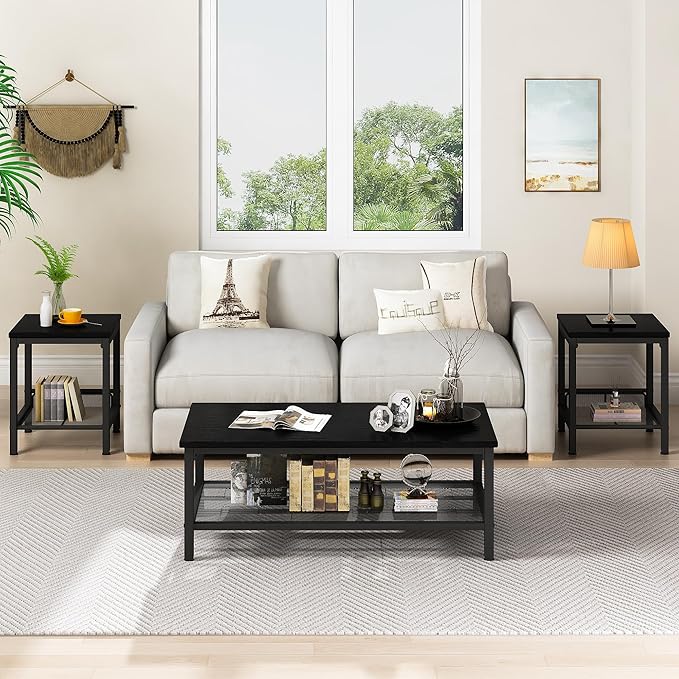 AWQM Coffee Table Set of 3, Industrial Coffee Table with 2 Square End Side Tables, Modern Living Room Table Set with Metal Frame for Apartment Home Office, Black