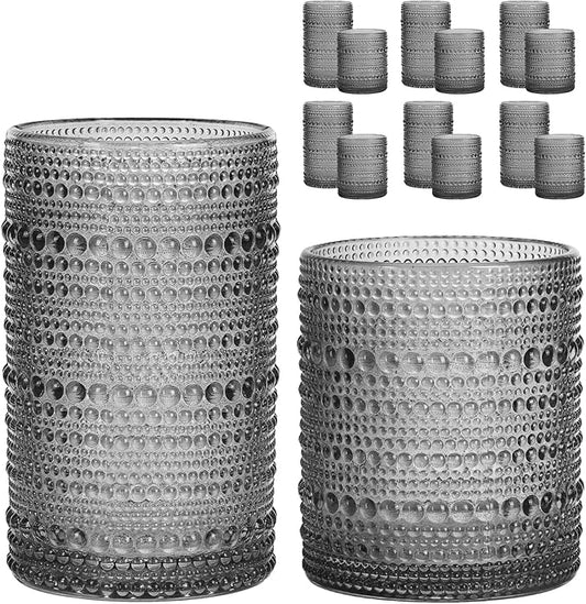 Moretoes Hobnail Drinking Glasses, 12 Piece Gray Water Glass Cups, Mixed Vintage Glassware Set, 6pcs 12oz Highballs and 6pcs 10oz Old Fashioned Glasses, Great for Cocktail, Whisky and Other Beverages