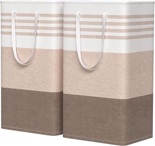 WOWBOX 2 Pack Laundry Baskets, Laundry Hampers, Freestanding Dirty Clothes Hampers with Reinforced Handles & Cross Stitch & Waterproof Coating, for Laundry Bedroom Bathroom Dorm,88L Khaki